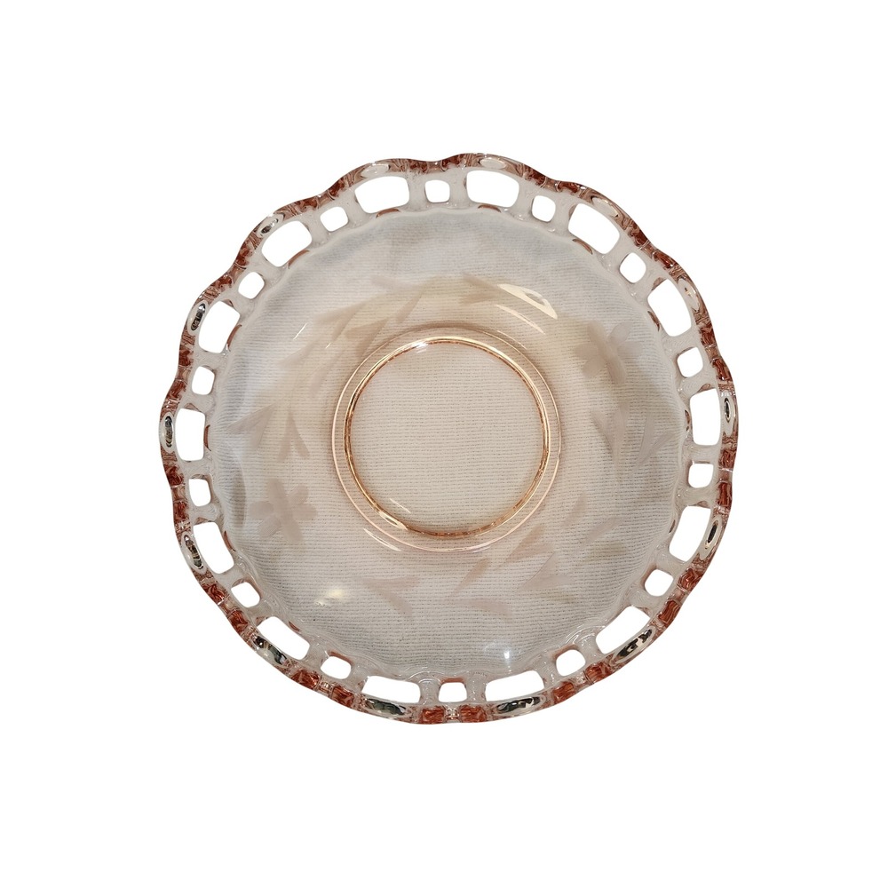 Vintage Pink Depression Glass Etched Floral Bowl Open‎ Lace Crochet Edge 7 Inch